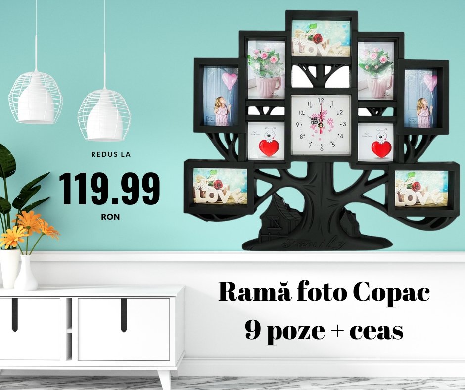 Rama foto ceas colaj copac negru 9 poze - Cadouri Personalizate