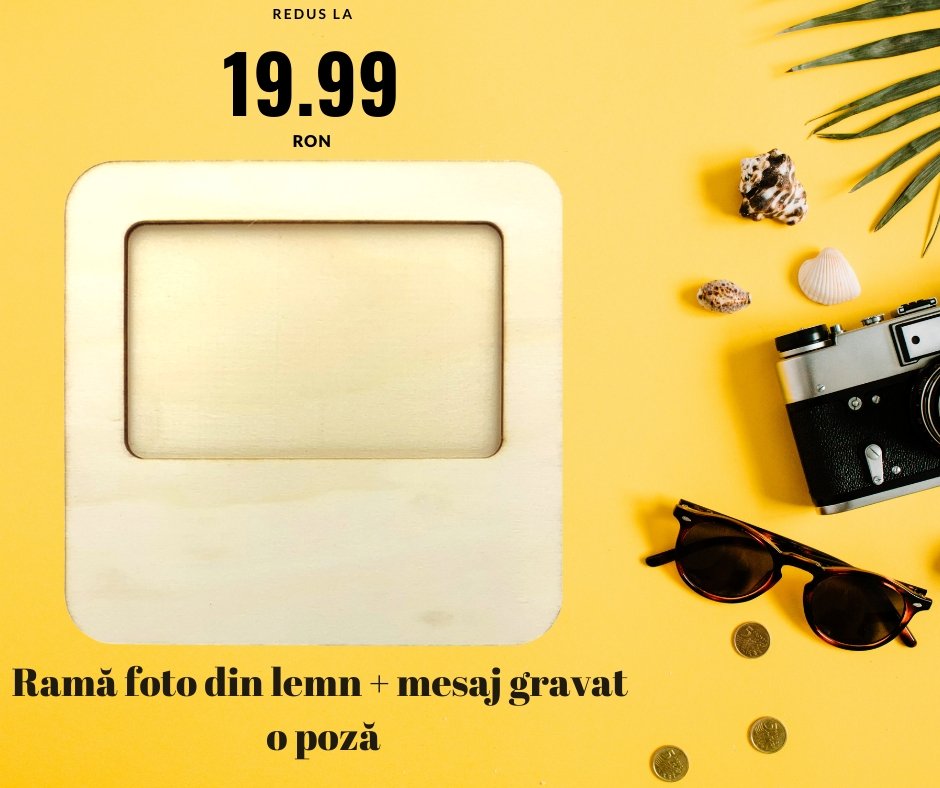 Rama foto lemn pătrat + mesaj gravat - Cadouri Personalizate