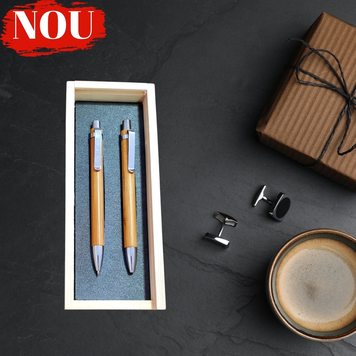 Set pix și creion din bambus în cutie de lemn Personalizat - Cadouri Personalizate