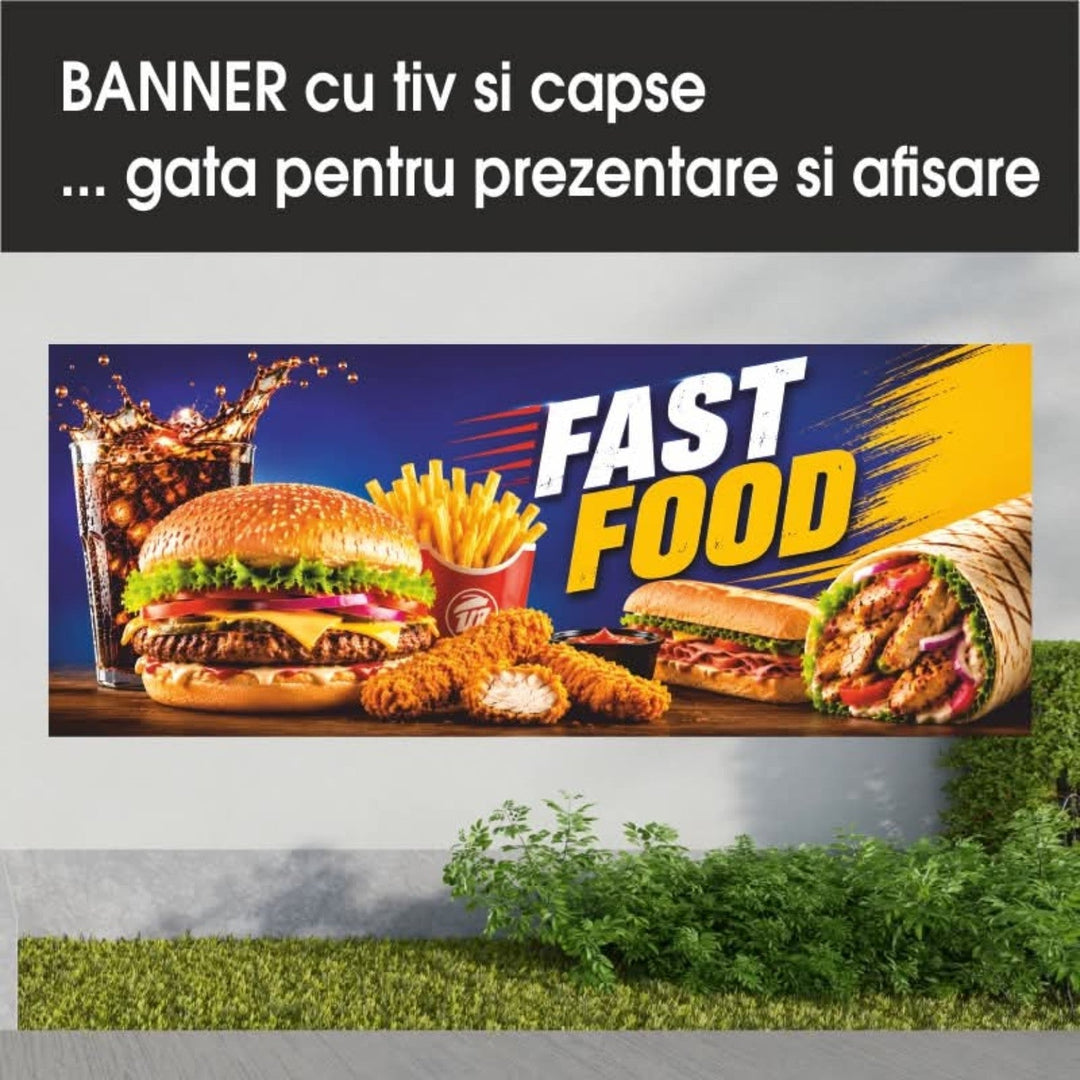 Grafică de banner fast food — albastru și galben
