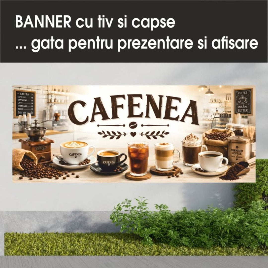 Grafică de banner cafenea — cu interior de coffee shop
