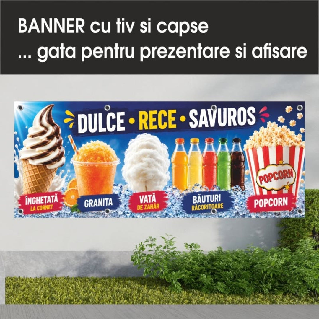 Banner PVC Dulce, rece, savuros – albastru cu deserturi - Atelier Magic