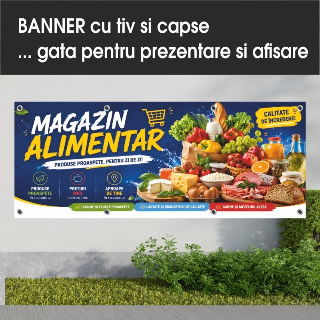 Banner PVC Magazin alimentar – bleumarin cu ofertă variată - Atelier Magic