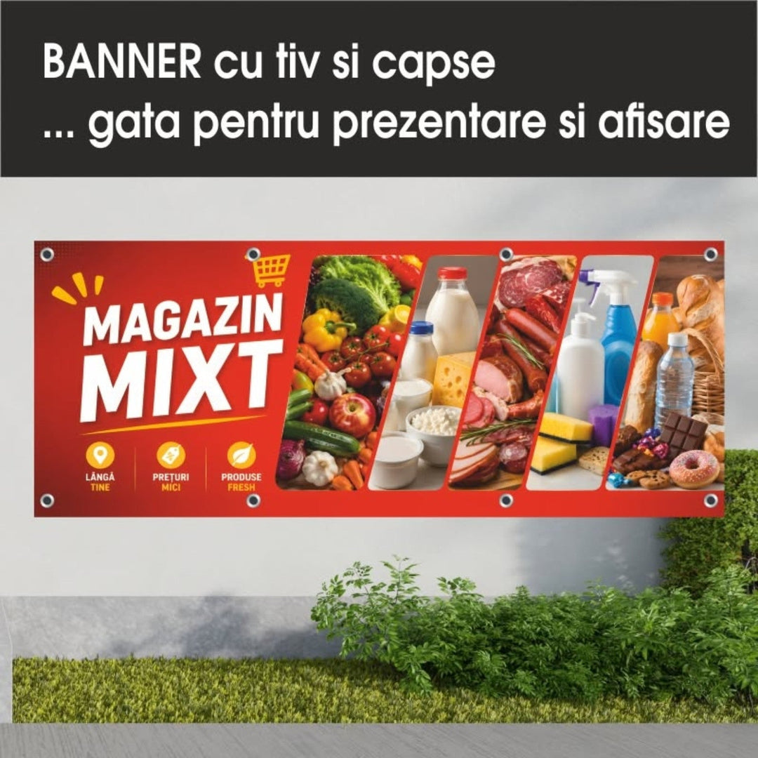 Banner PVC Magazin mixt – roșu cu categorii de produse - Atelier Magic
