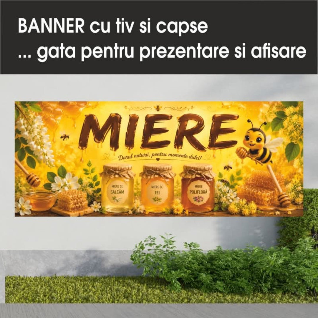 Banner PVC Miere – galben cu albină și borcane - Atelier Magic