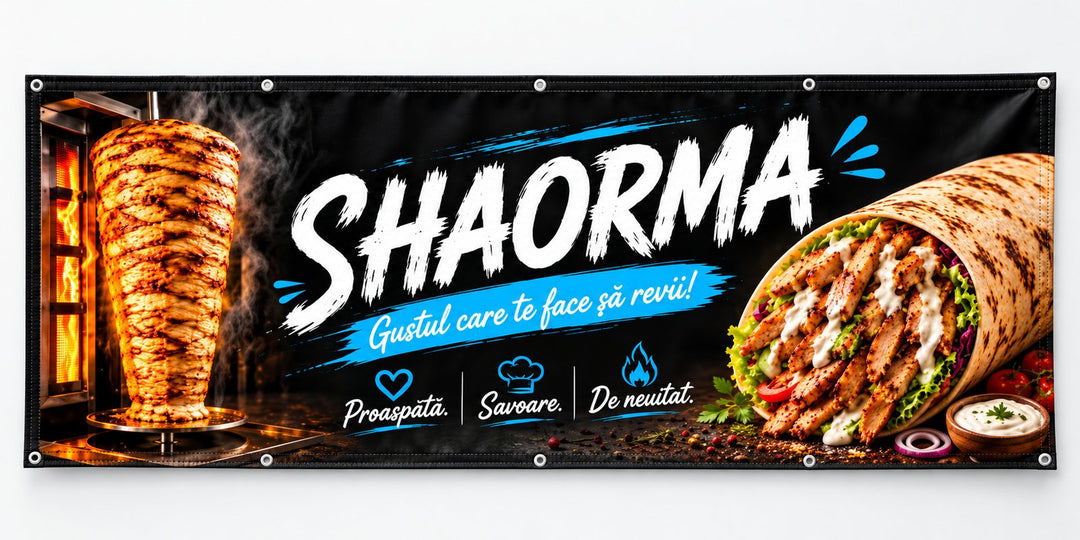 Grafică de banner shaorma — negru și albastru