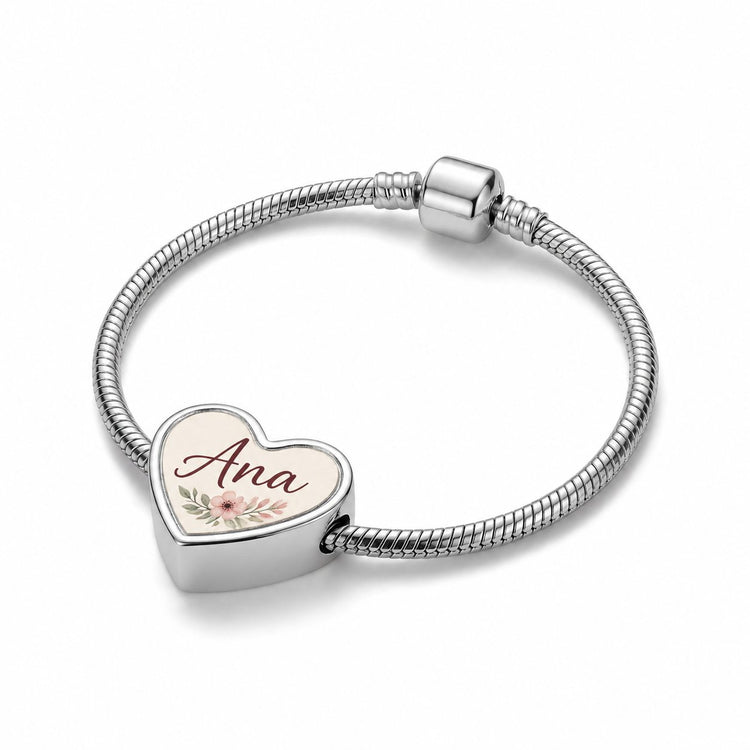 Brățară metalică cu inimă personalizată cu numele Ana și motiv floral – simulare