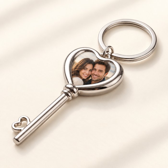 Breloc cheiță cu inimă personalizat cu fotografia unui cuplu fictiv – simulare de personalizare