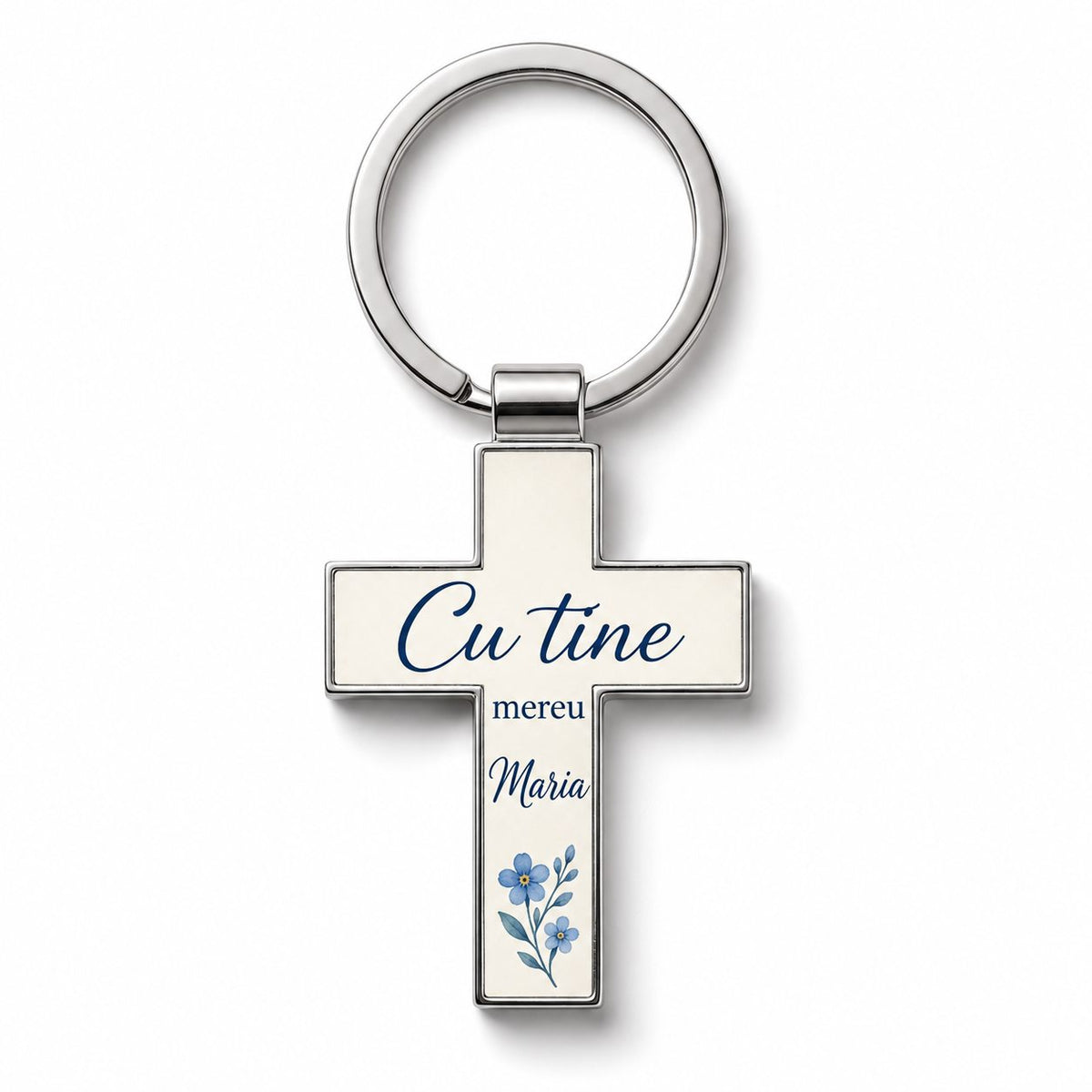 Breloc metalic cruce personalizat cu mesajul Cu tine mereu și numele Maria – simulare