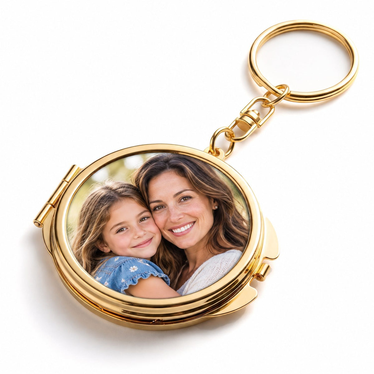 Breloc cu oglindă rotund auriu, personalizat cu fotografia unei mame și fiice fictive – simulare