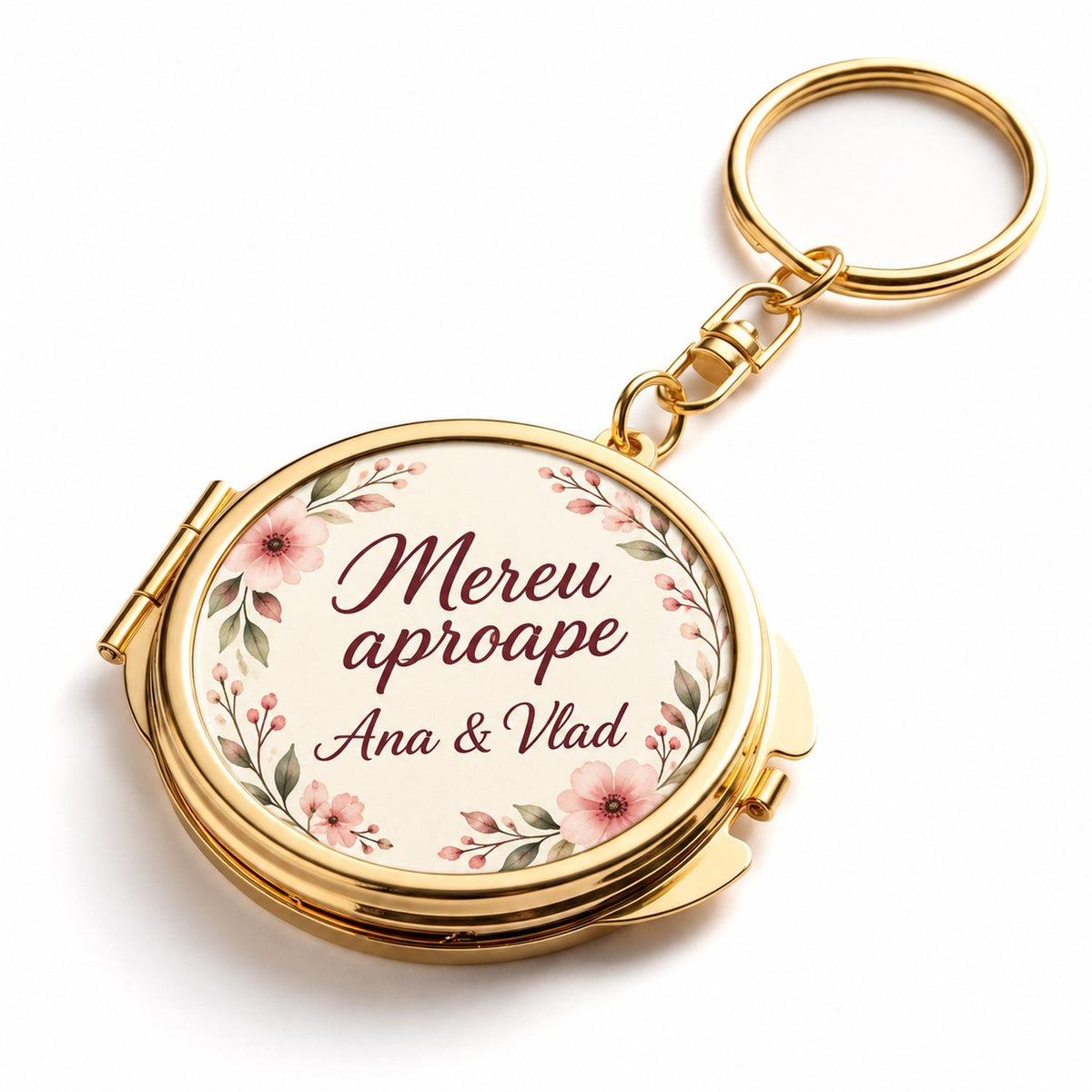 Breloc cu oglindă rotund auriu, cu mesajul Mereu aproape și nume – simulare