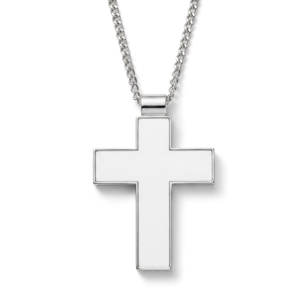 Colier metalic cruce argintiu cu lanț inclus, vedere frontală a feței pentru personalizare