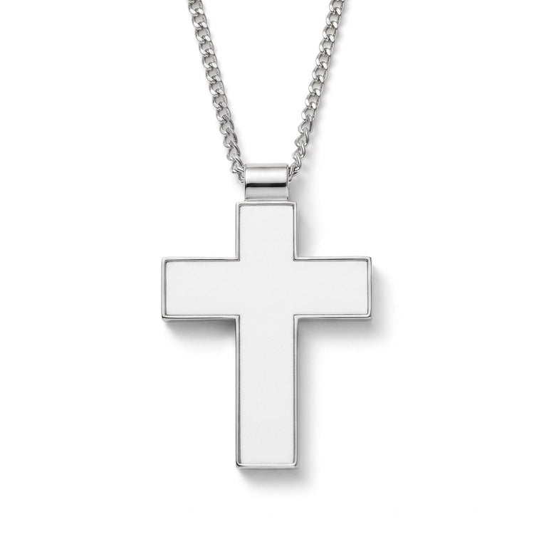 Colier metalic cruce argintiu cu lanț inclus, vedere frontală a feței pentru personalizare