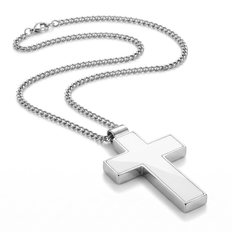 Colier metalic cruce cu lanț argintiu și închizătoare, vedere de ansamblu