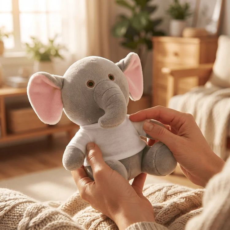 Elefant gri de pluș cu tricou alb personalizabil, ținut în mâini într-un interior luminos