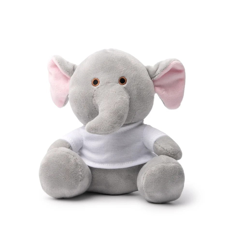 Elefant de pluș gri cu urechi roz și tricou alb personalizabil, vedere din față