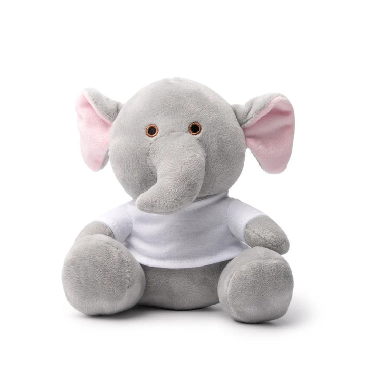 Elefant de pluș gri cu urechi roz și tricou alb personalizabil, vedere din față