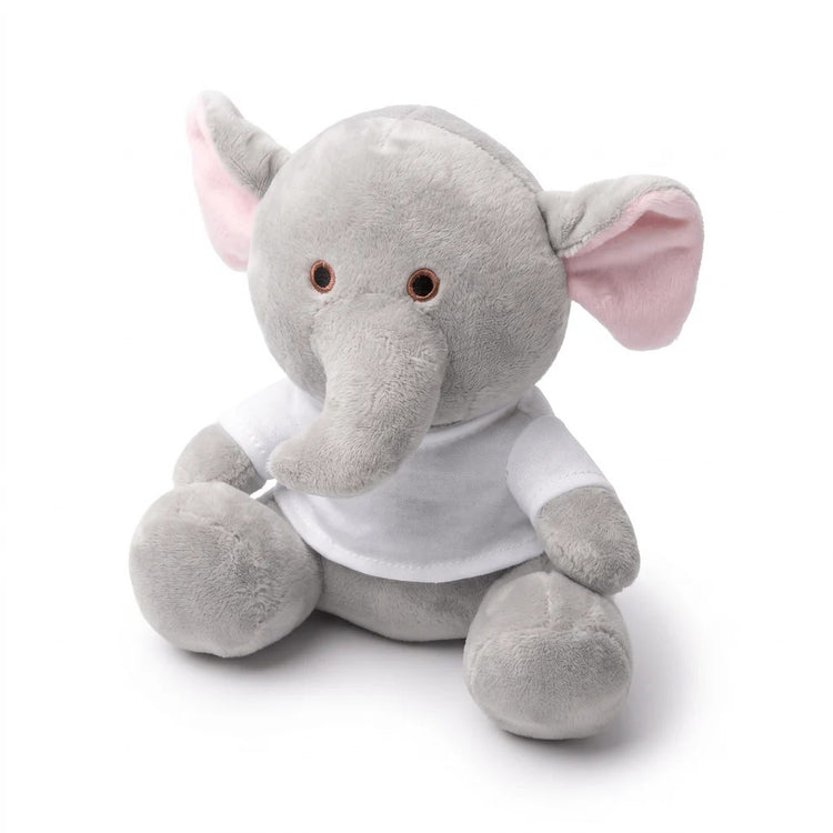 Elefant de pluș în poziție șezândă, cu trompă și urechi mari, vedere oblică