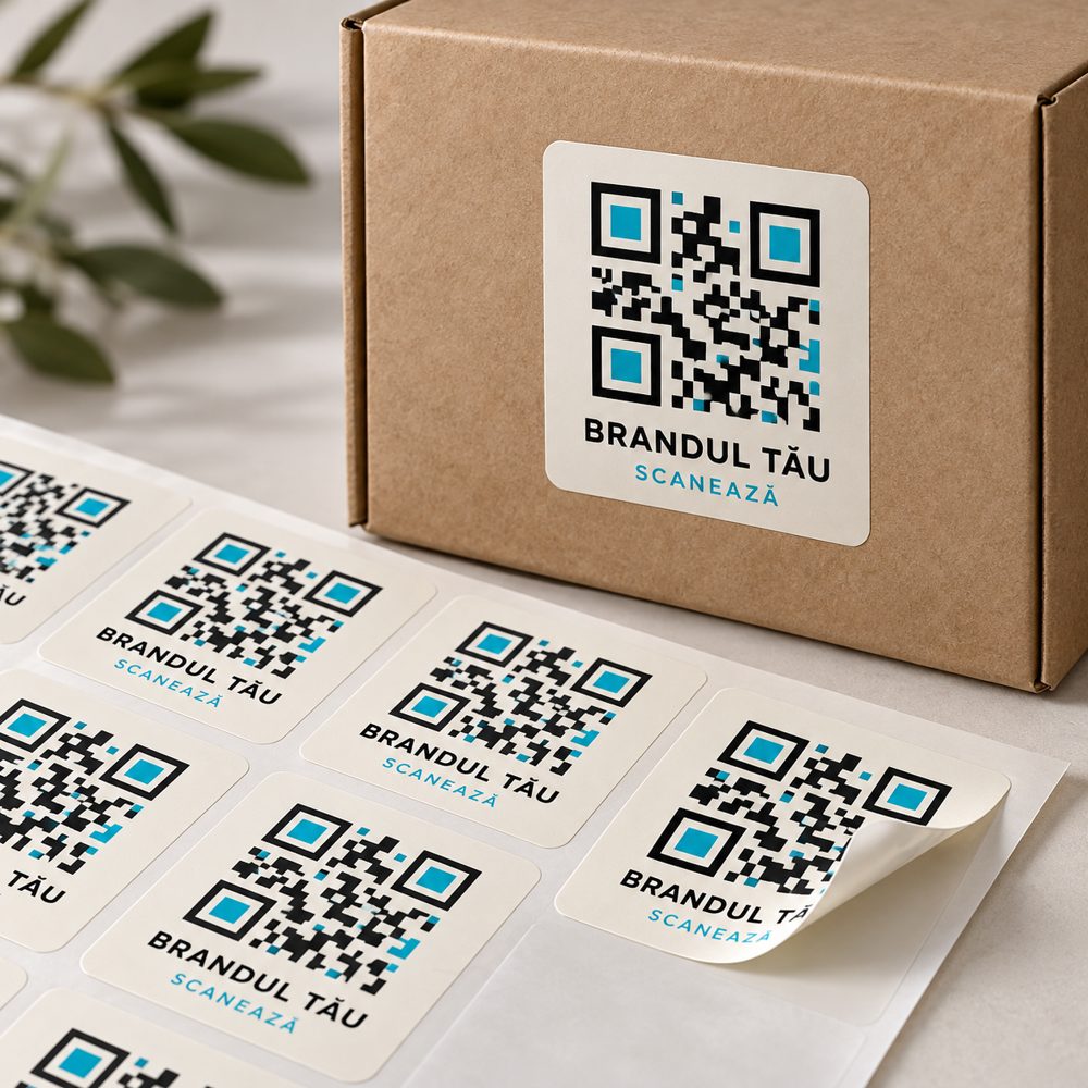 Model de prezentare: etichete autoadezive cu cod QR și grafică personalizată
