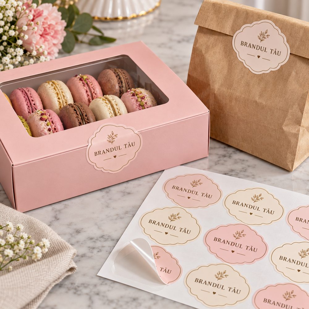 Model de prezentare: etichete pentru cutii de cofetărie și patiserie, personalizate