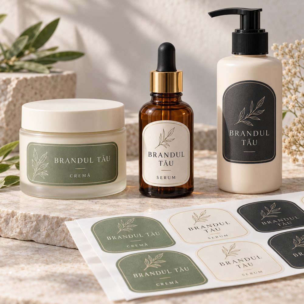 Model de prezentare: etichete autoadezive pentru cosmetice, personalizate