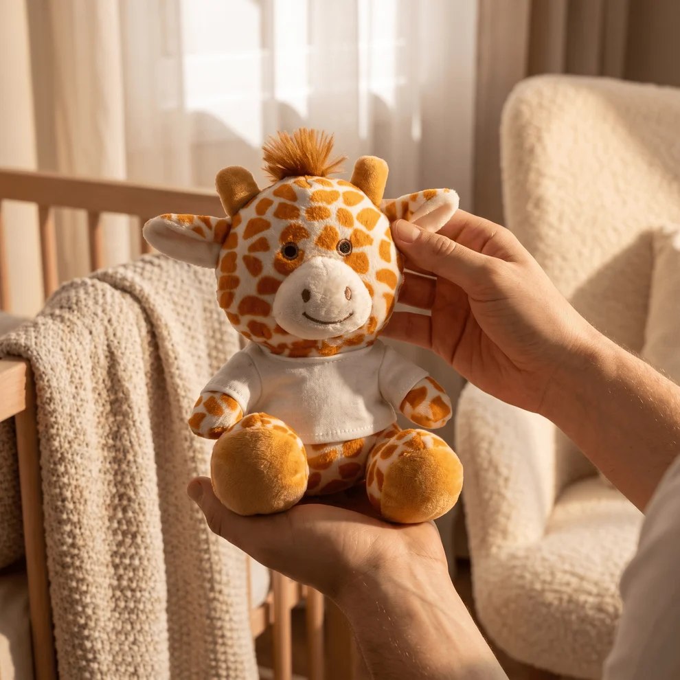 Girafă de pluș cu tricou alb personalizabil, ținută în mâini într-un interior luminos