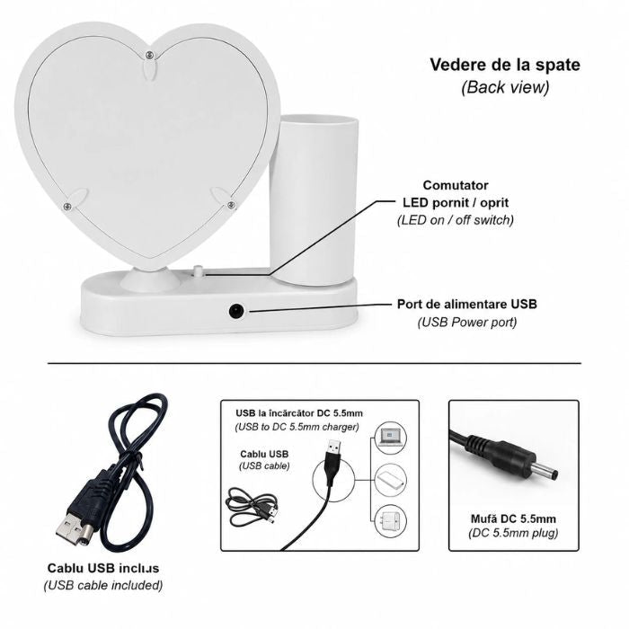 Oglindă Magică Inimă cu Suport de Pixuri Personalizată - Atelier Magic