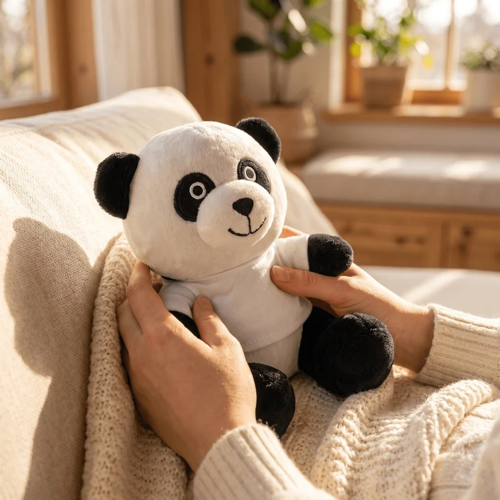 Panda de pluș cu tricou alb personalizabil, ținut în mâini într-un interior luminos