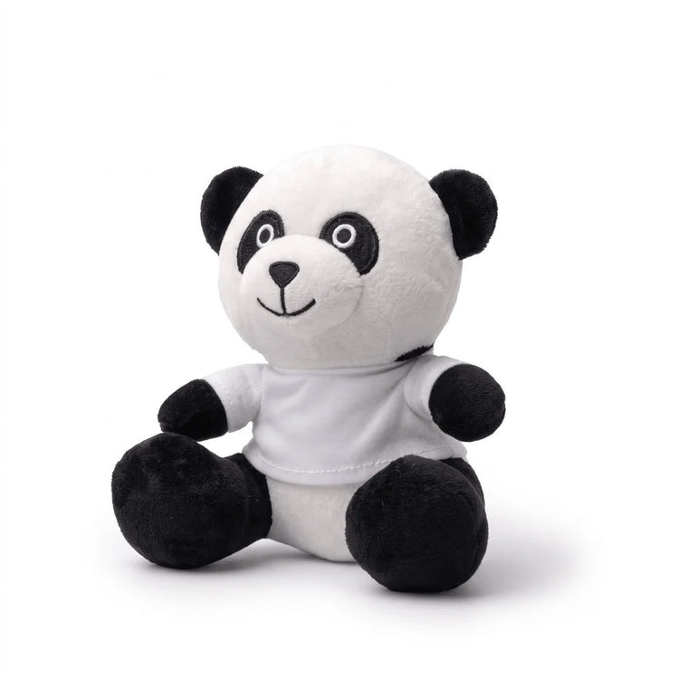 Panda de pluș cu tricou alb personalizabil, văzut din lateral pe fundal alb
