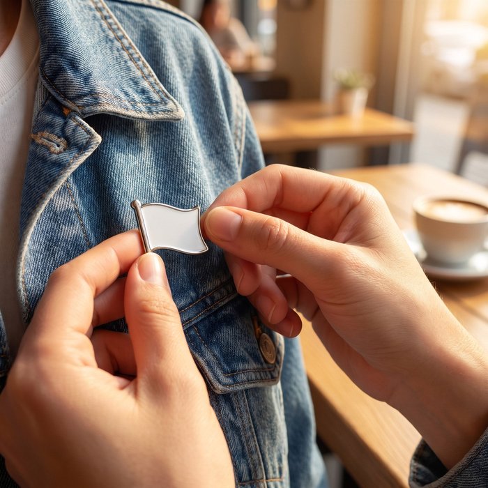 Pin steag argintiu prins pe o geacă din denim, pentru ilustrarea proporțiilor