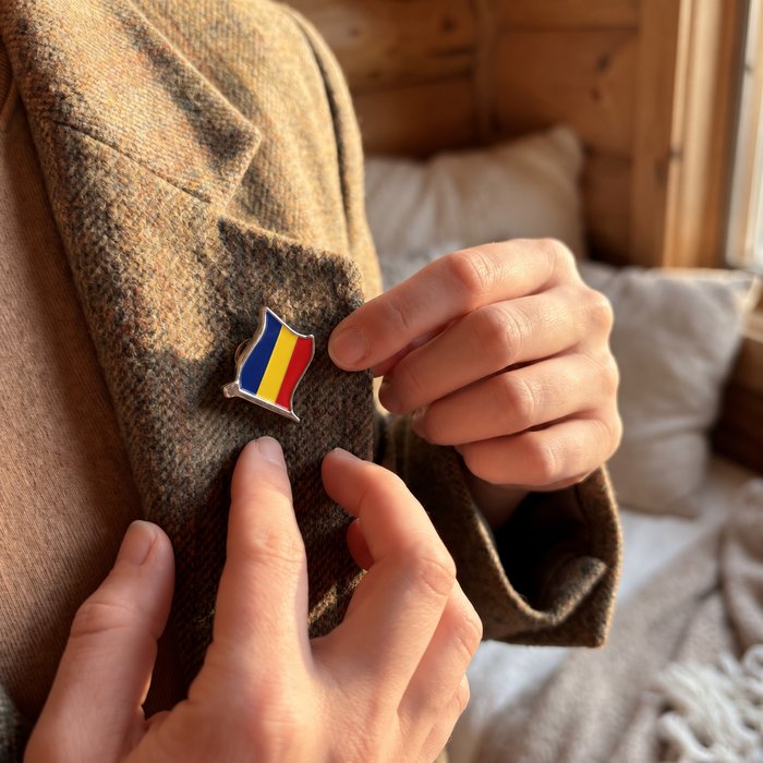 Pin în formă de steag personalizat cu tricolorul României, purtat la rever – simulare