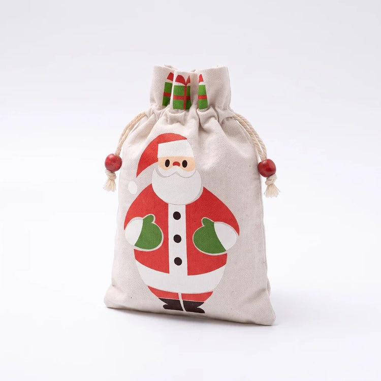 Săculeț cadou din bumbac natur cu Moș Crăciun, șnur și mărgele roșii, 13 × 23,5 cm