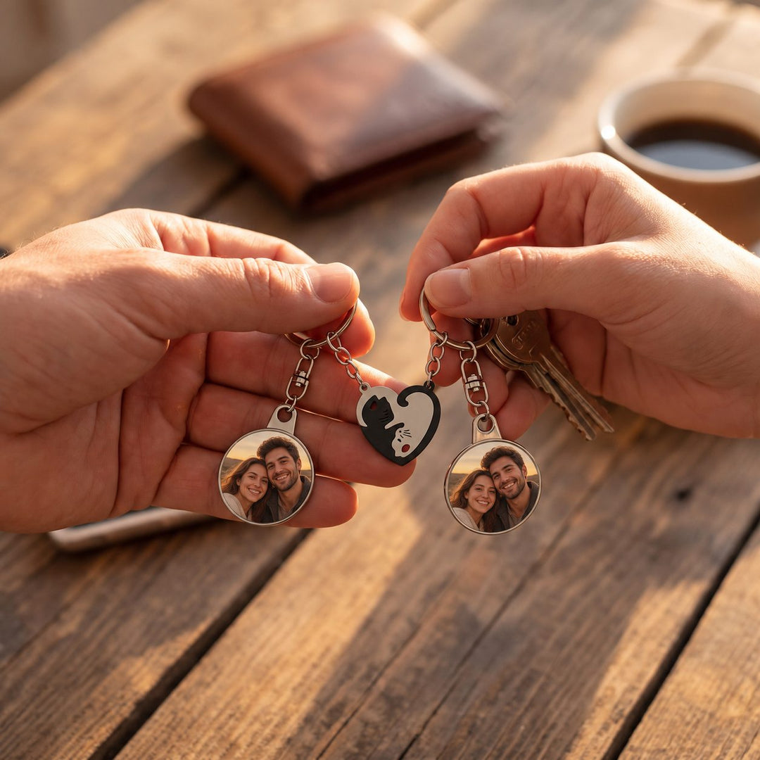 Brelocuri Pisicuțe îmbrățișate ținute în mâini, personalizate cu fotografia unui cuplu fictiv – simulare
