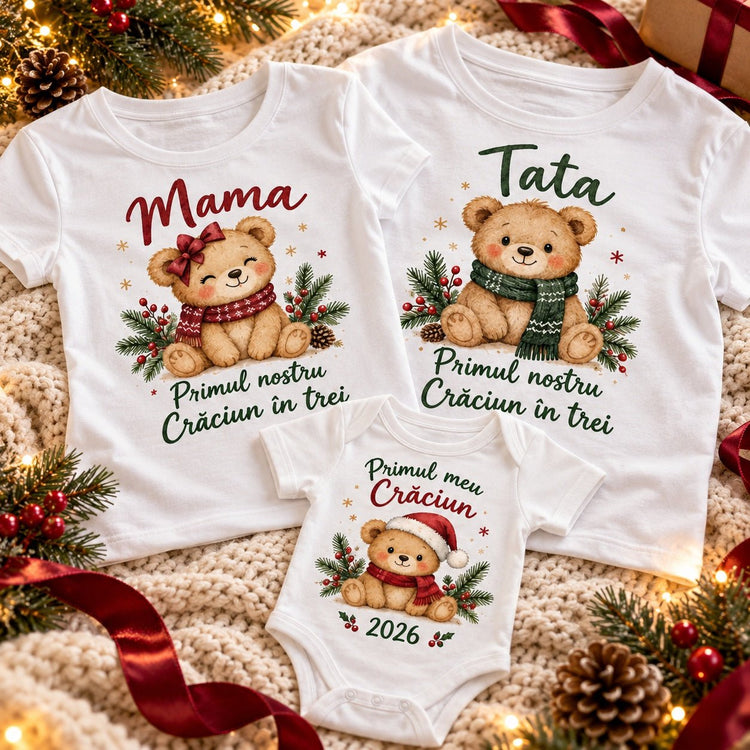 Set Tricouri de Crăciun – Primul nostru Crăciun în trei - Atelier Magic