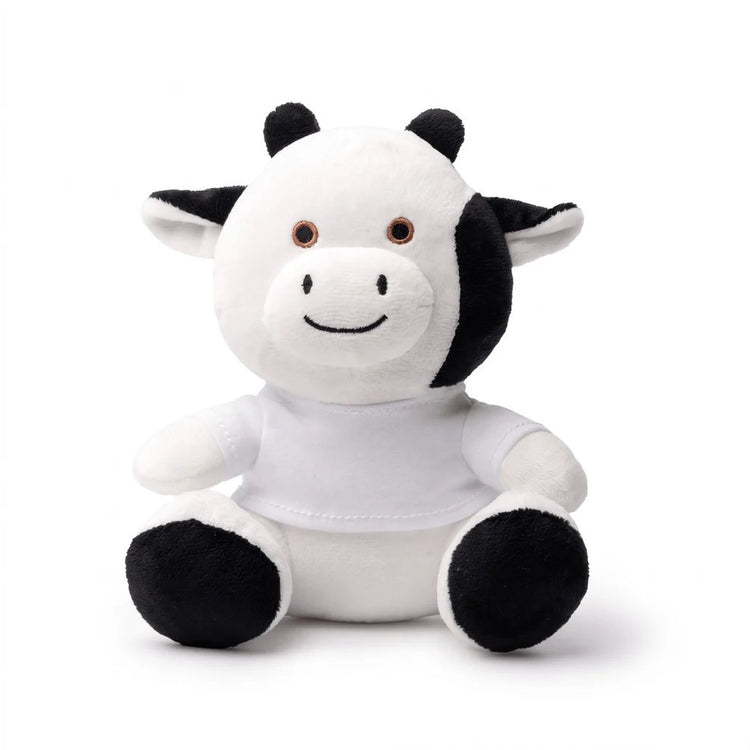 Văcuță de pluș alb cu negru, cu tricou alb personalizabil, vedere din față