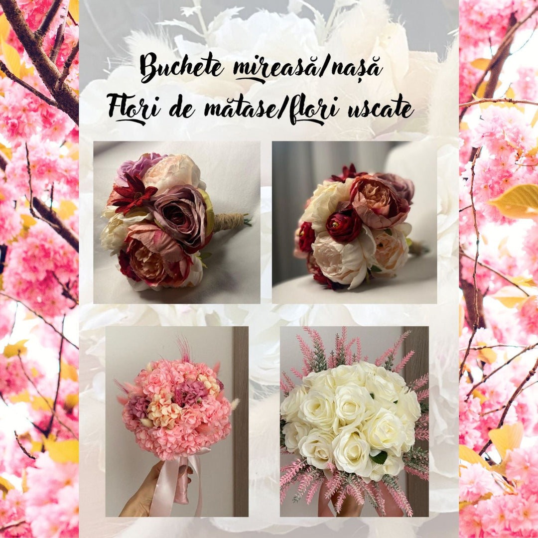 Buchet mireasă/nașă cu flori de mătase/uscate model 2 - Cadouri Personalizate