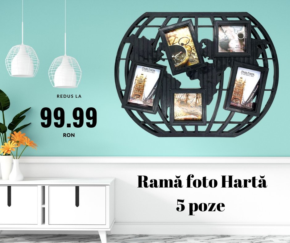 Rama foto colaj negru Harta Lumii 5 poze - Cadouri Personalizate