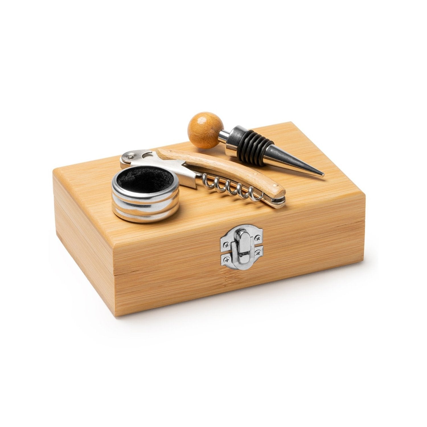 Set accesorii pentru vin în cutie de lemn personalizat - Cadouri Personalizate