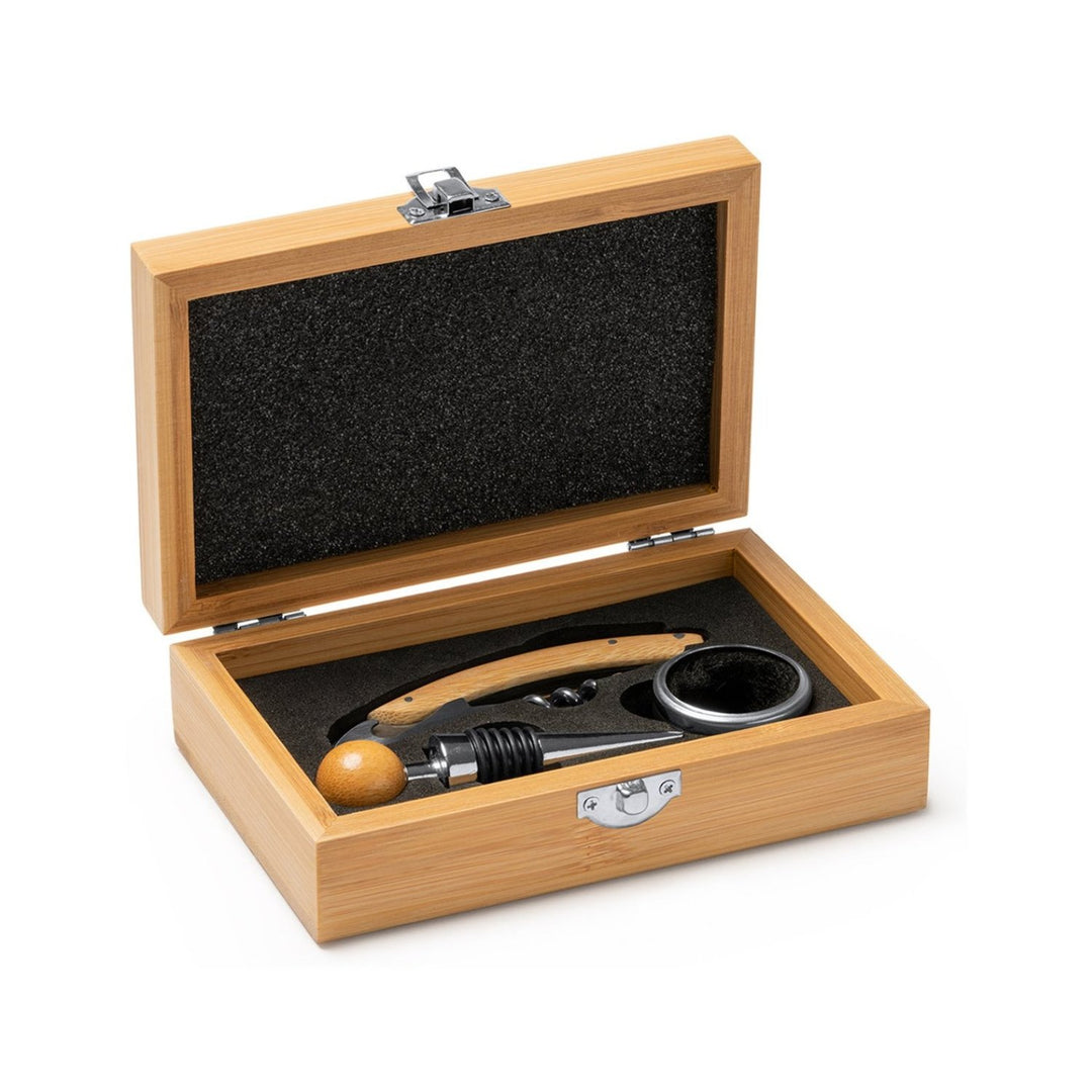 Set accesorii pentru vin în cutie de lemn personalizat - Cadouri Personalizate