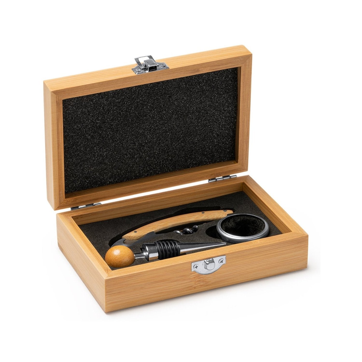 Set accesorii pentru vin în cutie de lemn personalizat - Cadouri Personalizate