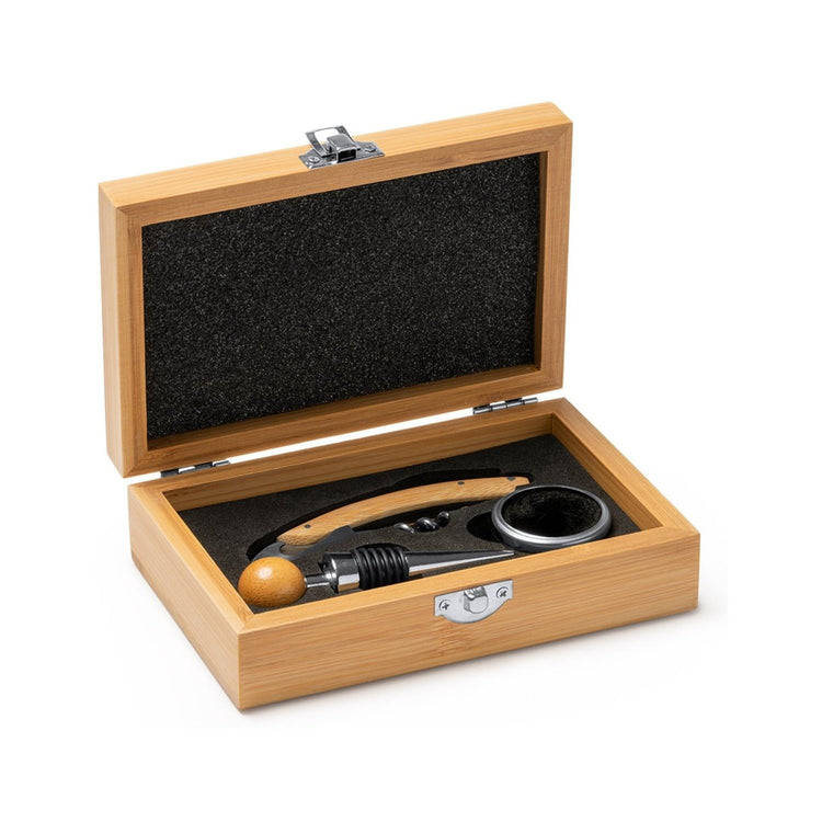 Set accesorii pentru vin în cutie de lemn personalizat - Cadouri Personalizate